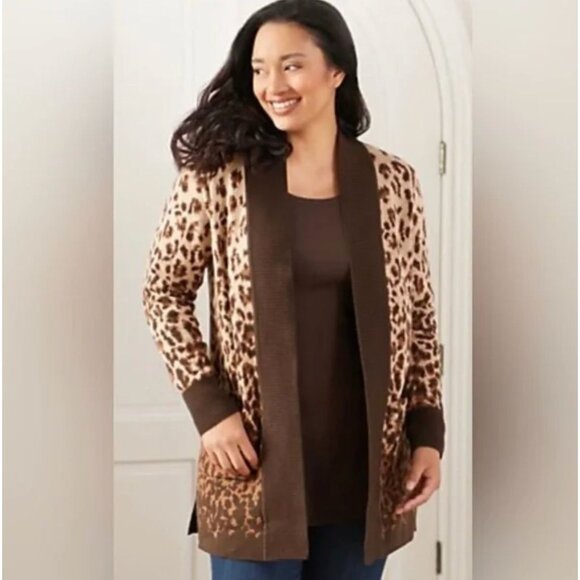 New Isaac Mizrahi Live! Brown Animal Print Jacquard Open Cardigan Sweater 1X - Picture 1 of 6